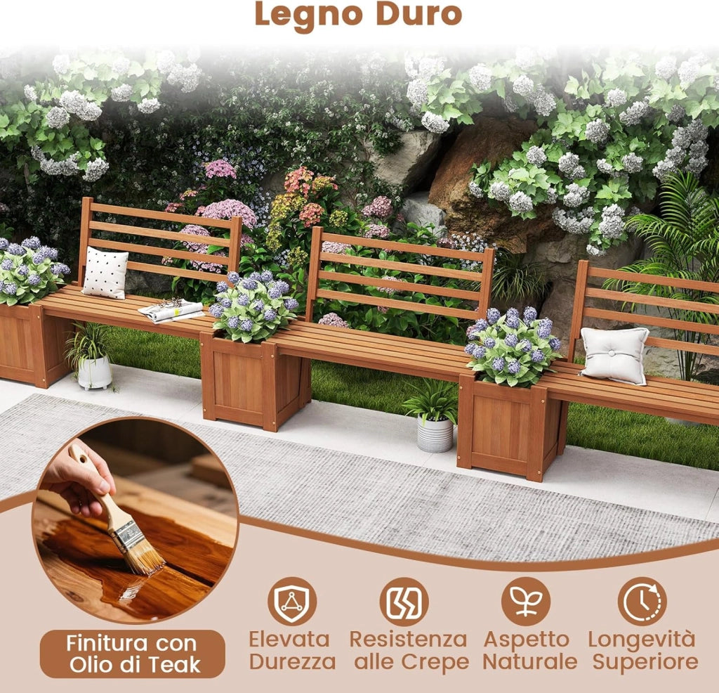 Fioriera da Esterno in Legno con Panca, Panchina da Giardino con 2 Fioriere, Schienale, Base Aperta e Finitura ad Olio di Teak, Contenitore Decorativo per Piante da Cortile e Balcone