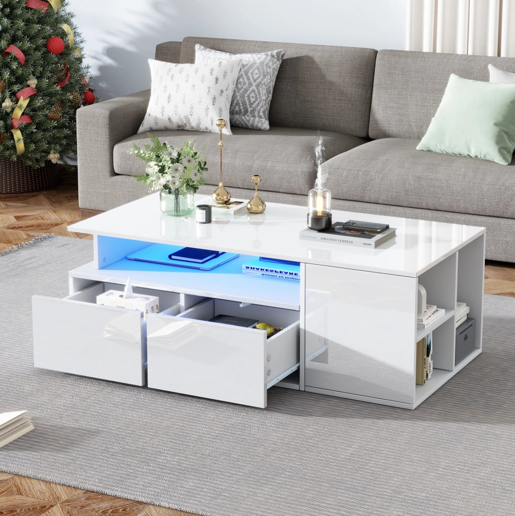 Tavolino da caffè LED bianco 100x50x35 cm con 2 cassetti e vani laterali