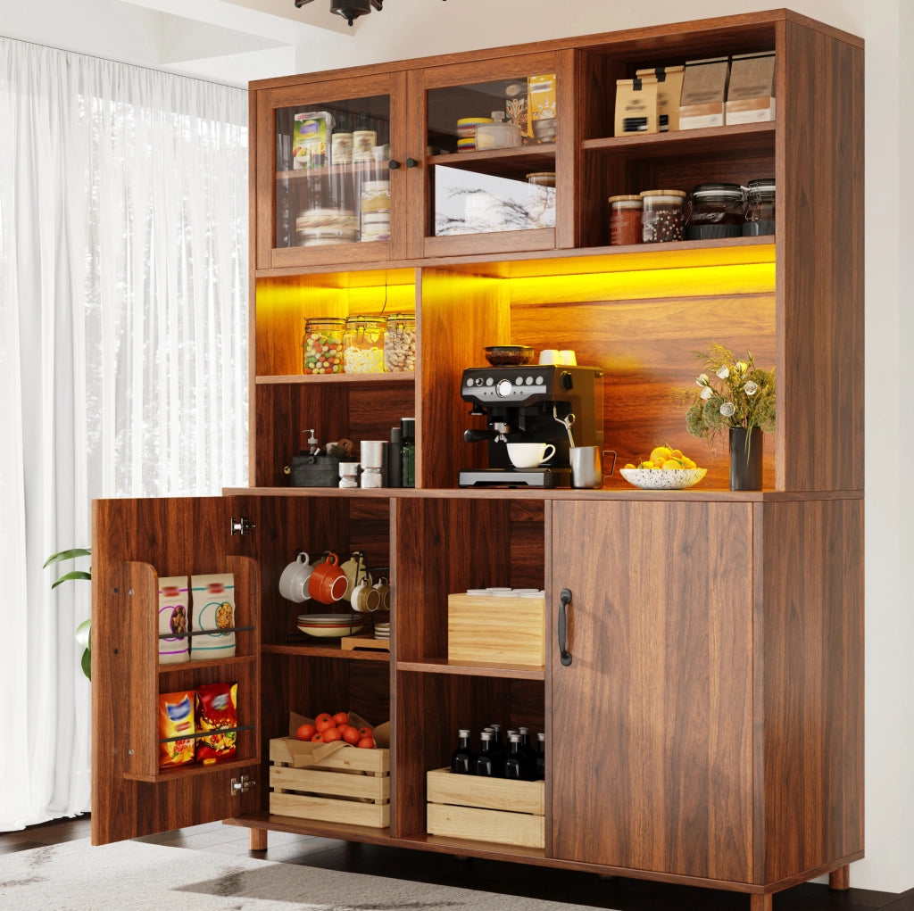 Credenza alta 140x40x185 cm con luci LED e ante scorrevoli in vetro; MDF; marrone noce