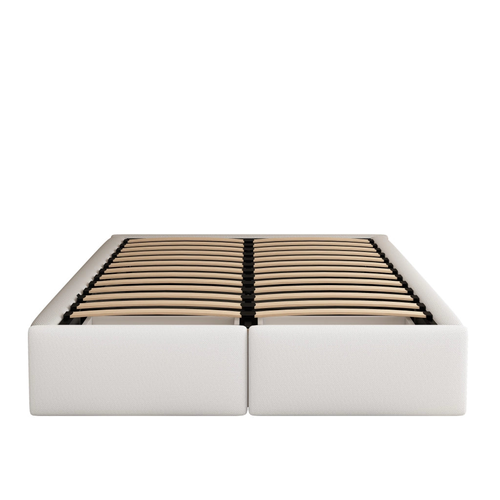 Letto imbottito 140x200 cm, matrimoniale, senza testiera, con contenitore, 2 cassetti, bianco
