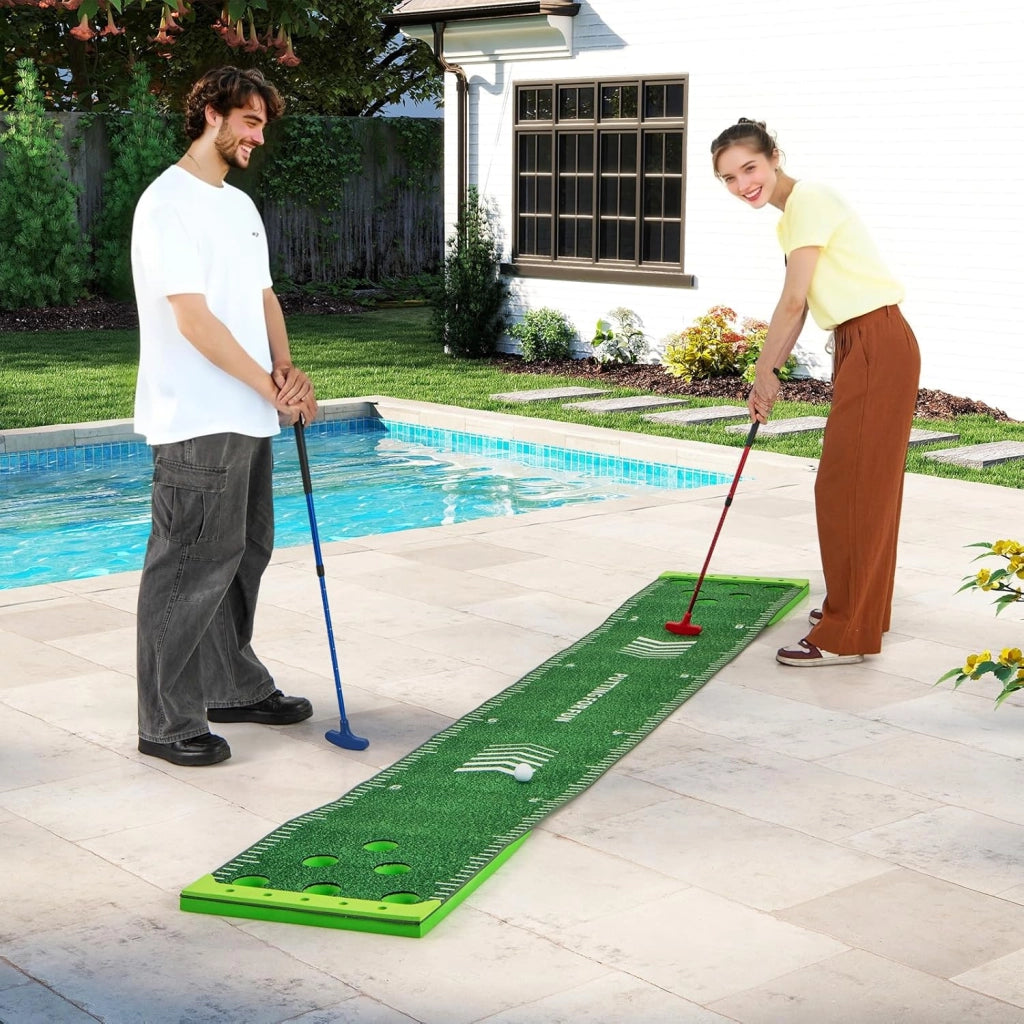 Putting Green, Set Gioco Golf Pong con 2 Putter Regolabili, 6 Palline e 12 Copri Buchi, Tappetino da Golf per Fester, Giardino e Casa, 332 cm x 50 cm