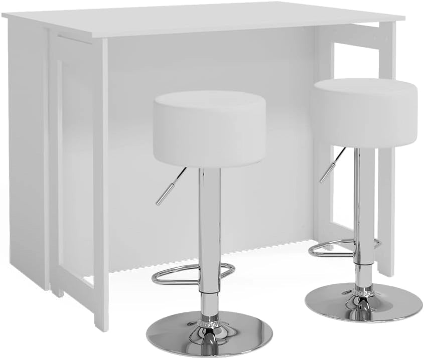 Tavolo bar alto Dominic, Bianco, 116 x 37 cm 4x scomparti aperti e 1x porta, piano del tavolo pieghevole per un utilizzo flessibile in spazi ridotti