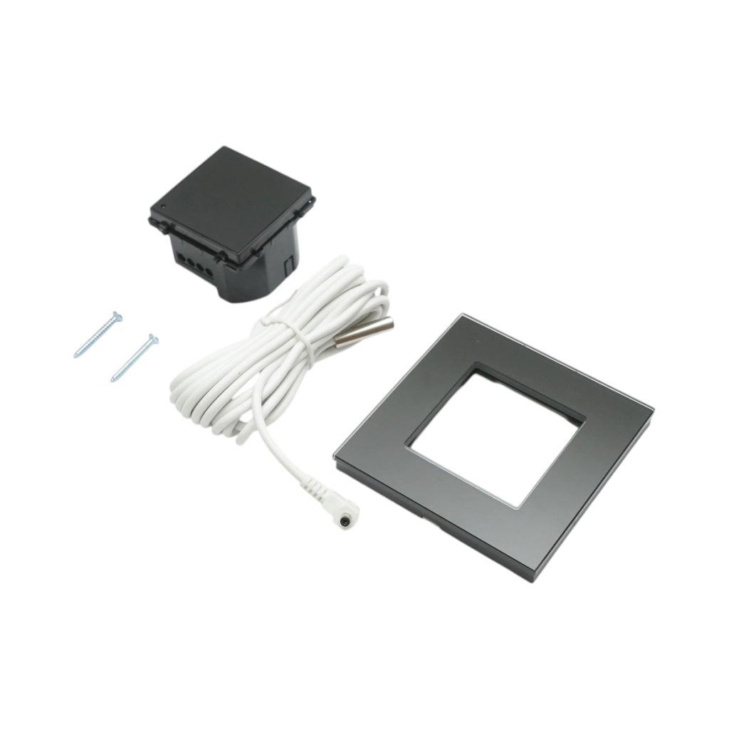 Termostato WiFi per riscaldamento a pavimento e caldaia, display digitale, sensore esterno, cornice in vetro nero 86x86mm