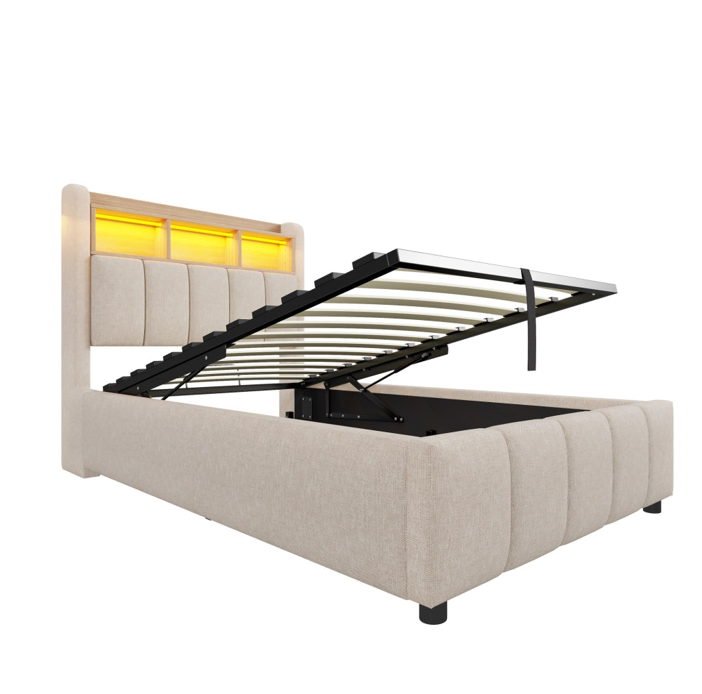 Letto imbottito ULEVR 90x200 cm beige con contenitore idraulico, LED regolabili, USB e Type-C