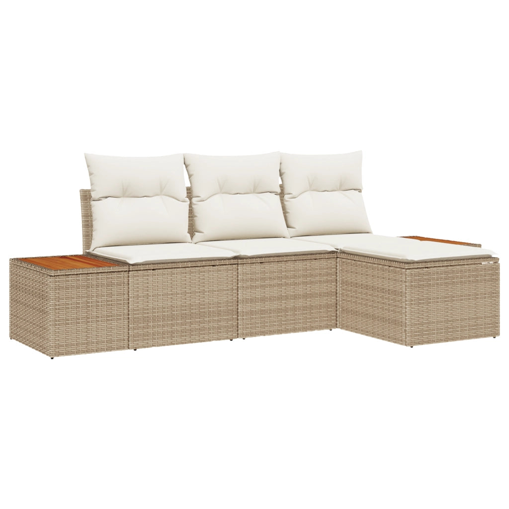 Set divani giardino 4 pezzi con cuscini Beige Rattan Polyrattan Acacia