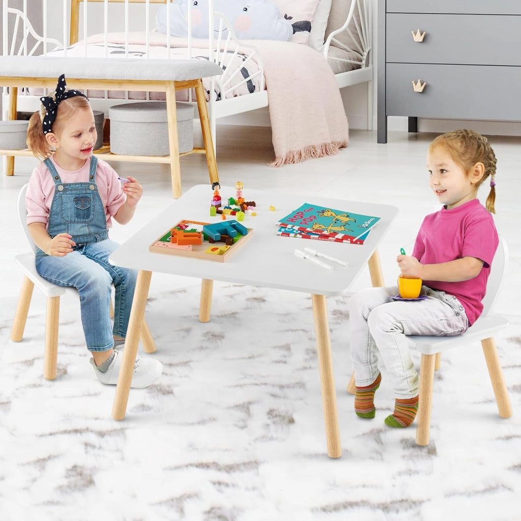 Set Tavolo e 2 Sedie per Bambini 3-6 Anni, Sedie Ergonomiche in Legno con Schienali a Forma di Orecchie di Coniglio, Portata 40kg, Salvaspazio, Ideale per Gioco e Disegno (Bianco)