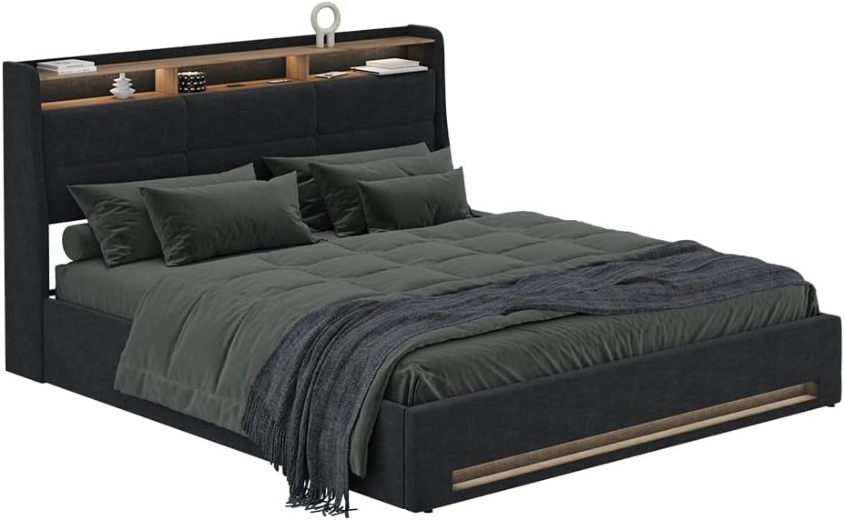 Letto imbottito Christin, Antracite/quercia, 180x200 con LED e porta USB