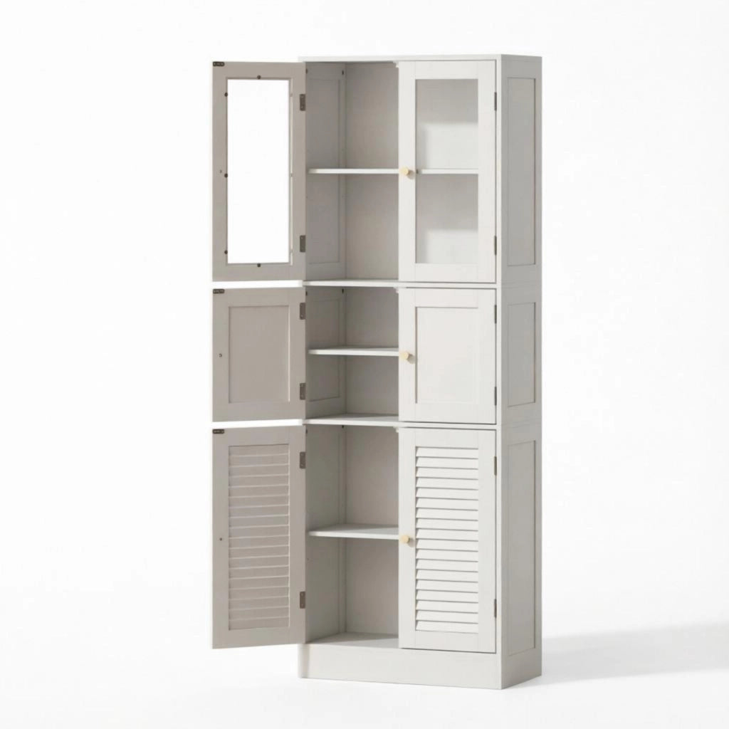Mobile contenitore da bagno alto di alta qualit¨¤ con 6 ante, di cui 2 in vetro e 2 piene.