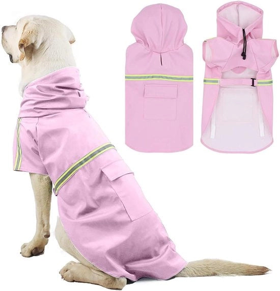 Impermeabile per Cani - Resistente al Vento e all'Acqua con Strisce Riflettenti, Cappuccio Regolabile e Foro di Collo - Adatto per Cani Piccoli, Medi e Grandi