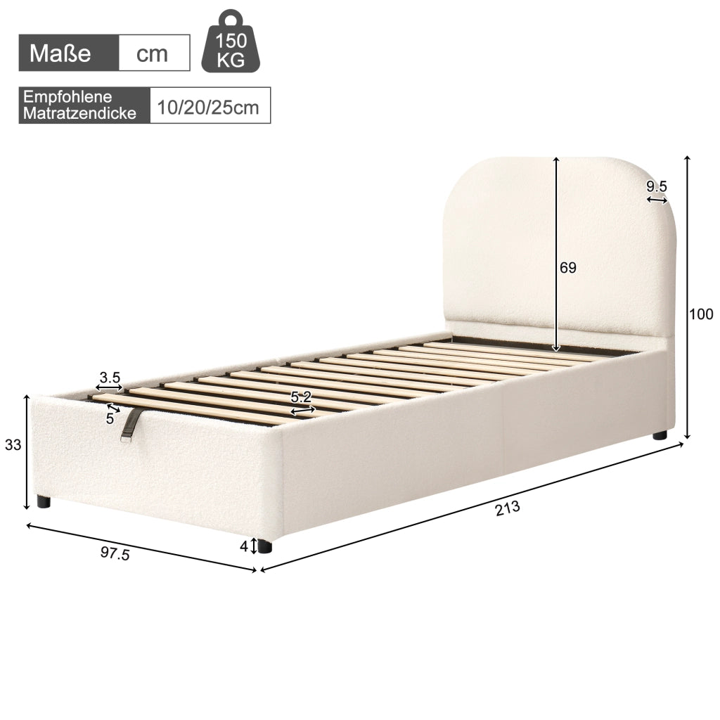 Letto contenitore singolo 90x200 cm per bambini; con contenitore idraulico; rete a doghe; testiera capitonné; bouclé; beige