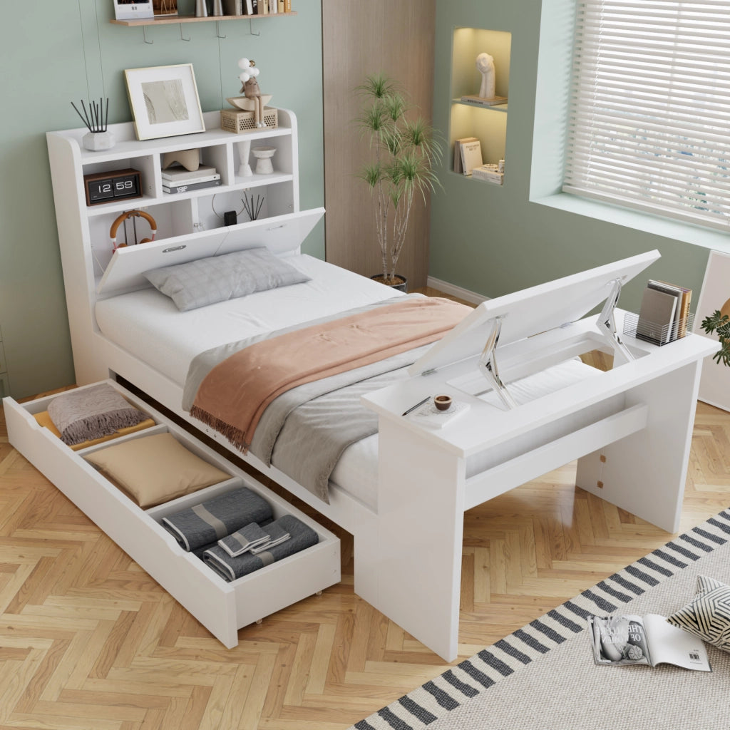Letto singolo 90x200 cm con tavolo pieghevole e cassetto