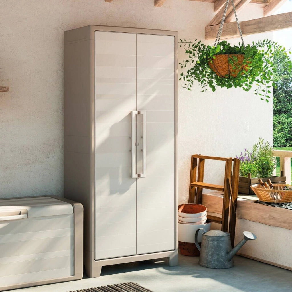 Armadio da esterno Grimsby, Mobile outdoor, Mobiletto giardino multiuso, Contenitore per balcone o garage, Made in Italy, 80x44 h182 cm, Sabbia