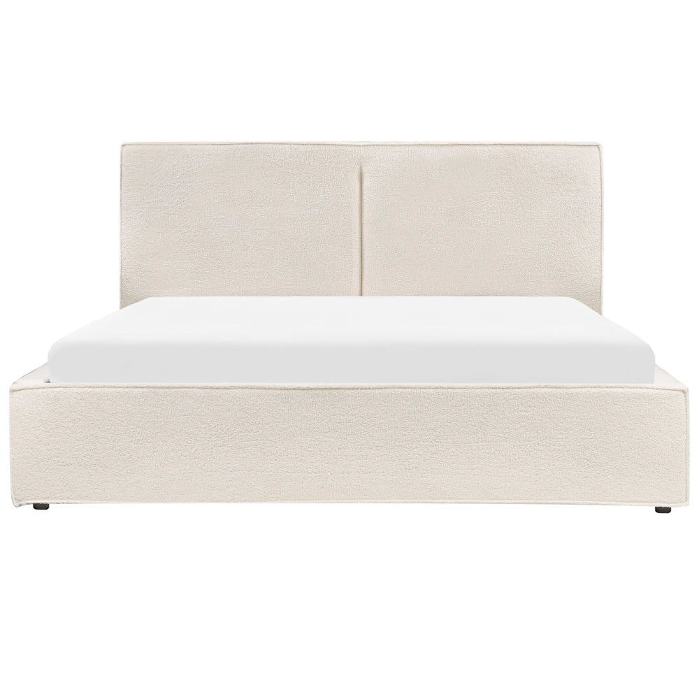Letto king size 180 x 200 cm Bianco Sporco Rivestimento in bouclé Ottomana di contenitore Telaio a doghe Camera da letto moderna contemporanea