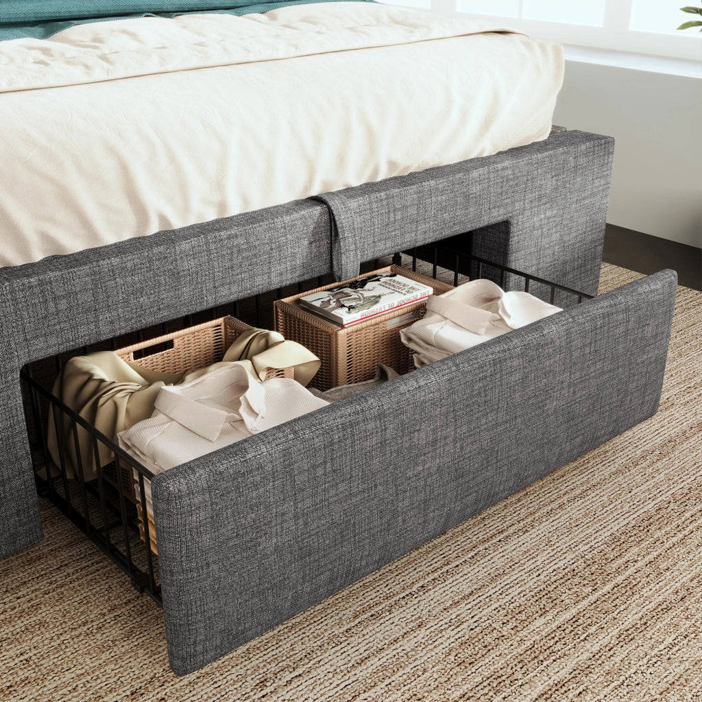Letto imbottito 90x200 cm con contenitore idraulico, LED, USB e USB-C, grigio