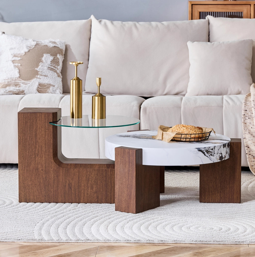 Set tavolini da salotto separabili con vetro e MDF effetto noce HAVRYA