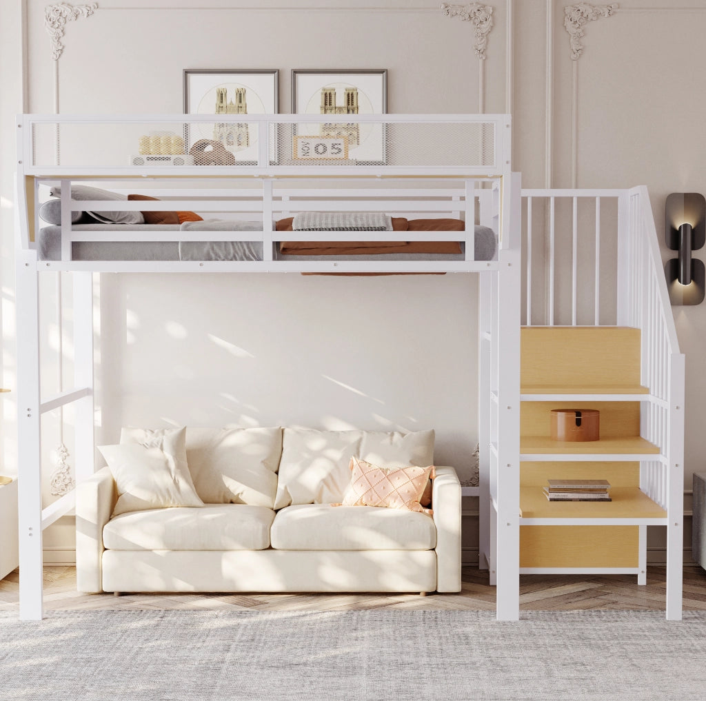 Letto a soppalco 90x200 cm in metallo e MDF con scala di sicurezza; bianco