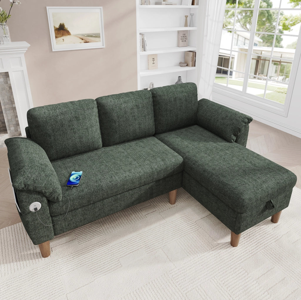 Divano angolare modulare 3 posti con chaise longue reversibile; contenitore; USB e Type-C; ciniglia verde