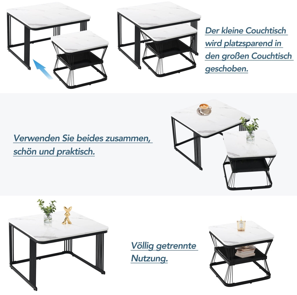 Set 2 tavolini da caffè bianchi effetto marmo con gambe nere