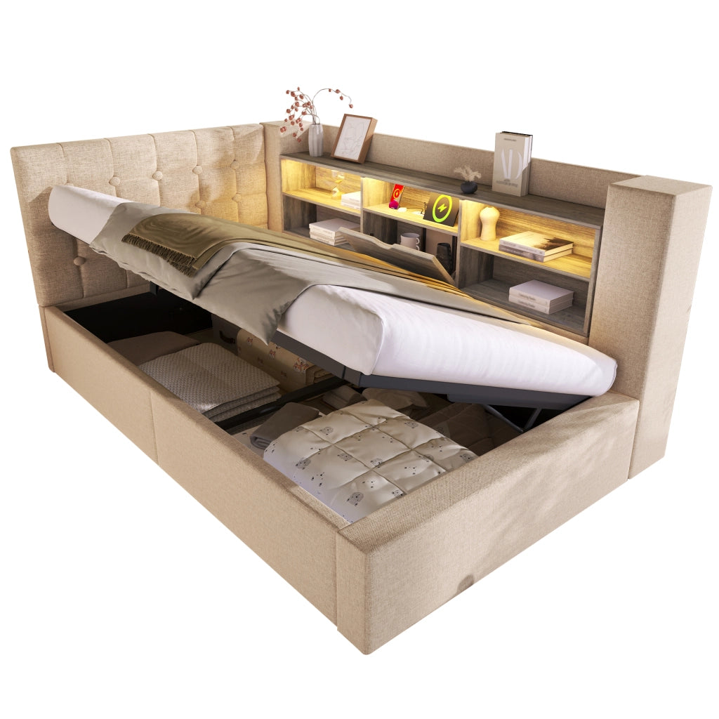 Letto imbottito idraulico con illuminazione a LED 90x190 cm colore beige lino