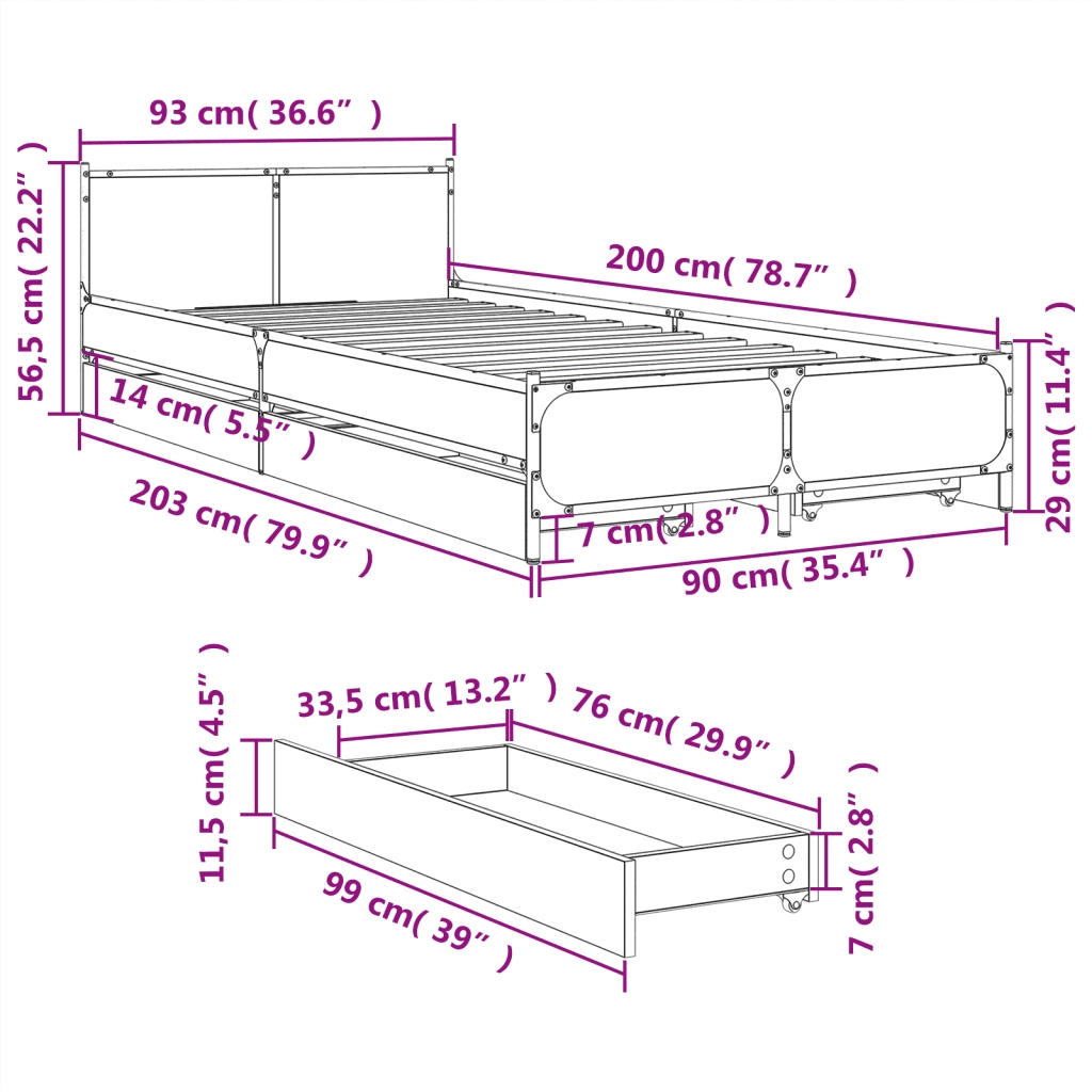 Giroletto con Cassetti Nero 90x200 cm in Legno Multistrato