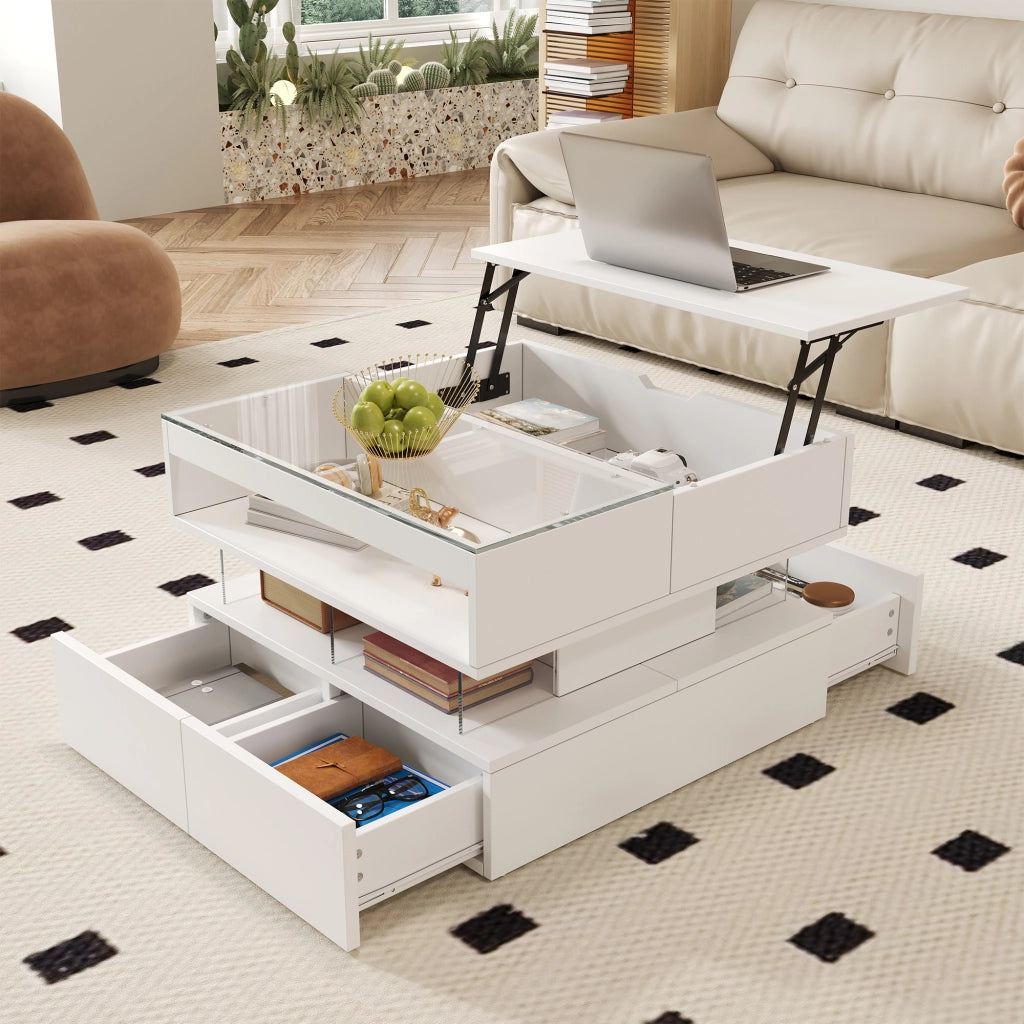 Tavolino da Salotto Alzabile con 2 Cassetti e Vani e LED 16 Colori; Piano in Vetro; in Pannello Truciolare; 70×67×57 cm; Bianco