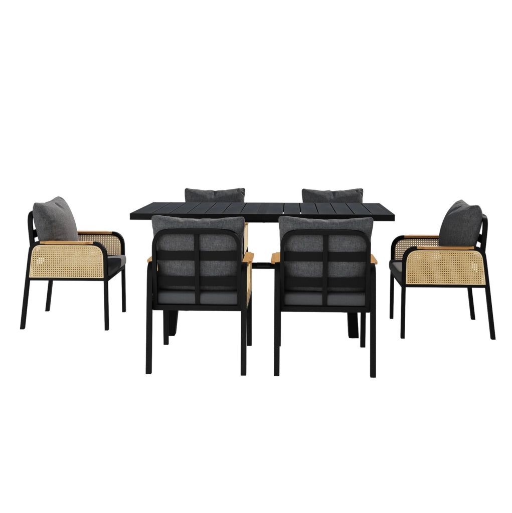 Set da pranzo da giardino 1 tavolo e 6 sedie; 148x80x75 cm; nero e naturale