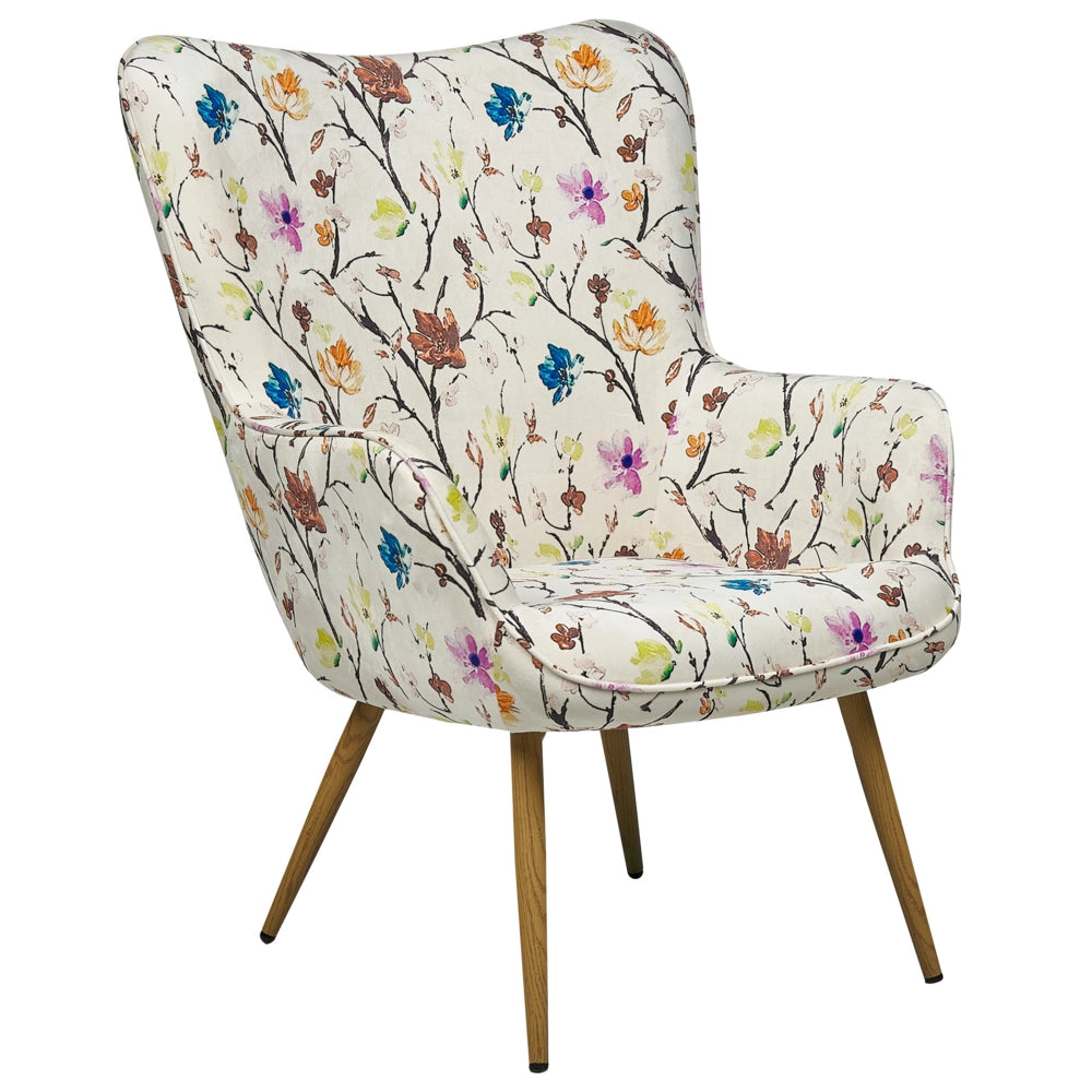 Sedia Wingback con tessuto ottomana color crema abbottonato motivo floreale in stile retrò