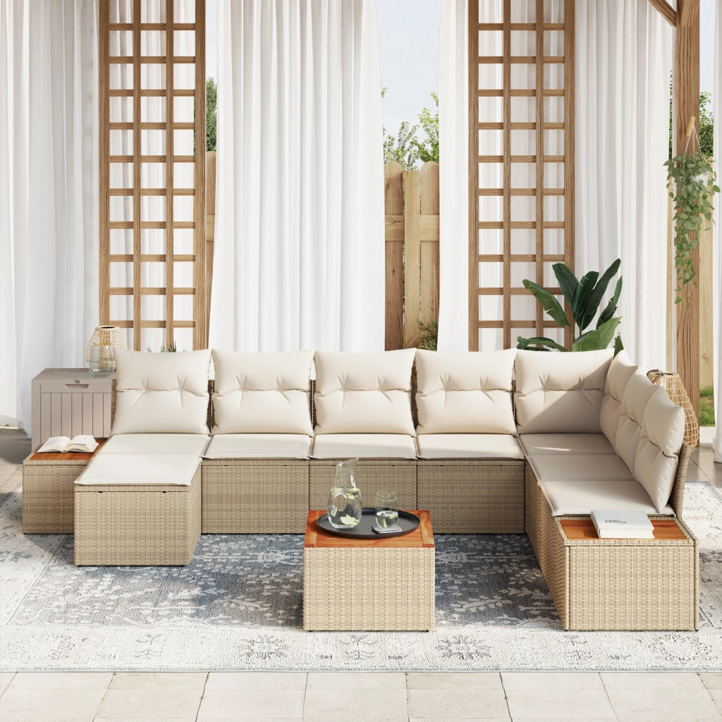 Set di divani da giardino 9 pezzi con cuscini Beige Polirattan Acacia