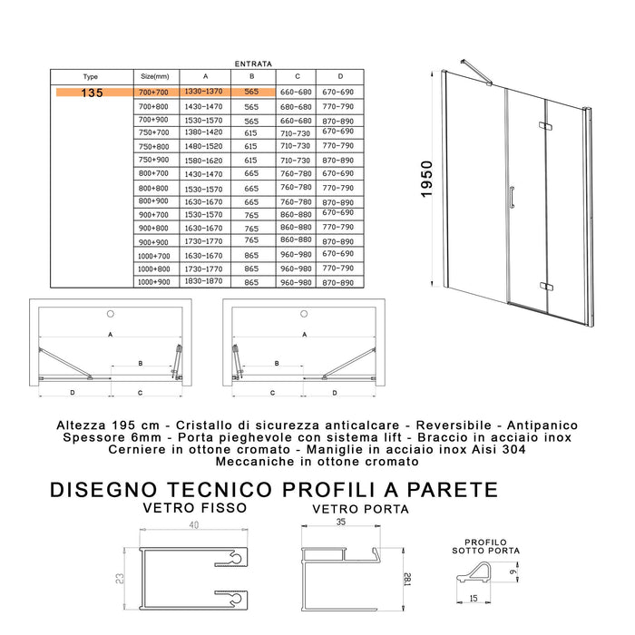 Porta Parete Doccia 135 cm 1 anta a Libro in Cristallo trasparente 6mm H195 Bonussi Lorena