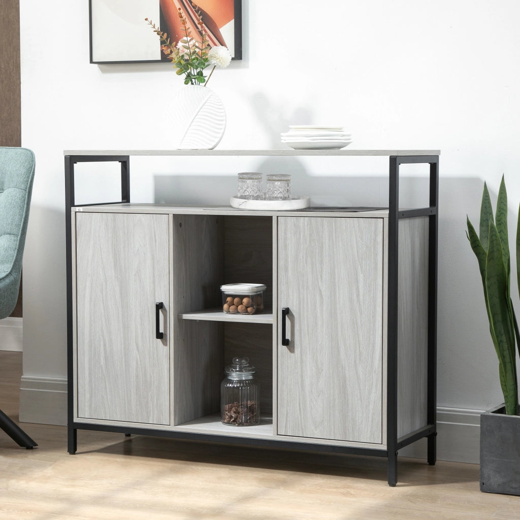 EasyComfort Credenza Moderna in Legno con 2 Armadietti e Ripiani, Mobile Cucina e per Ingresso Grigio Chiaro, 100x34x87.2cm