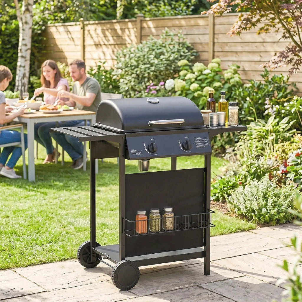 Barbecue a Gas 99x56x95 cm 2 Bruciatori Tavolini Laterali Vassoio Raccogli Grassi in Metallo e Acciaio Nero