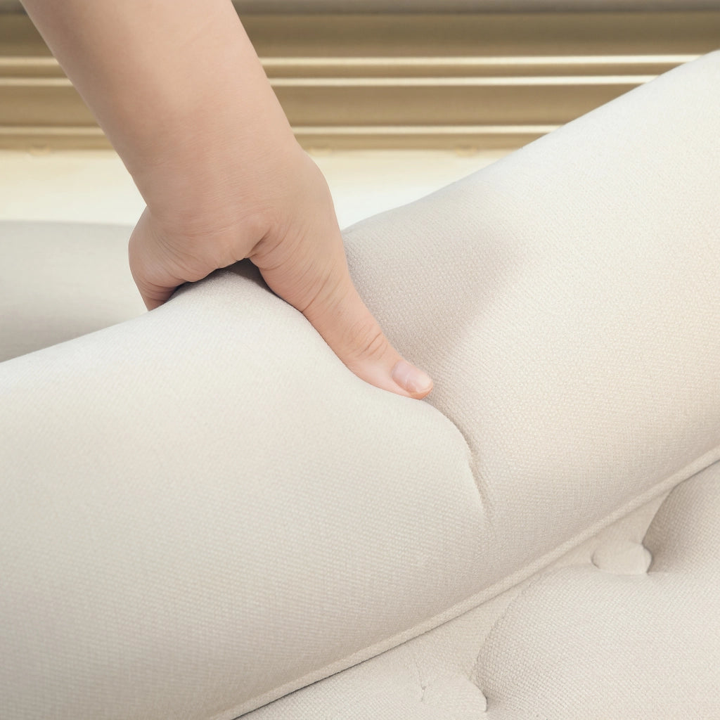 Panca da letto imbottita vintage con braccioli e cuscini, struttura in legno, in poliestere beige
