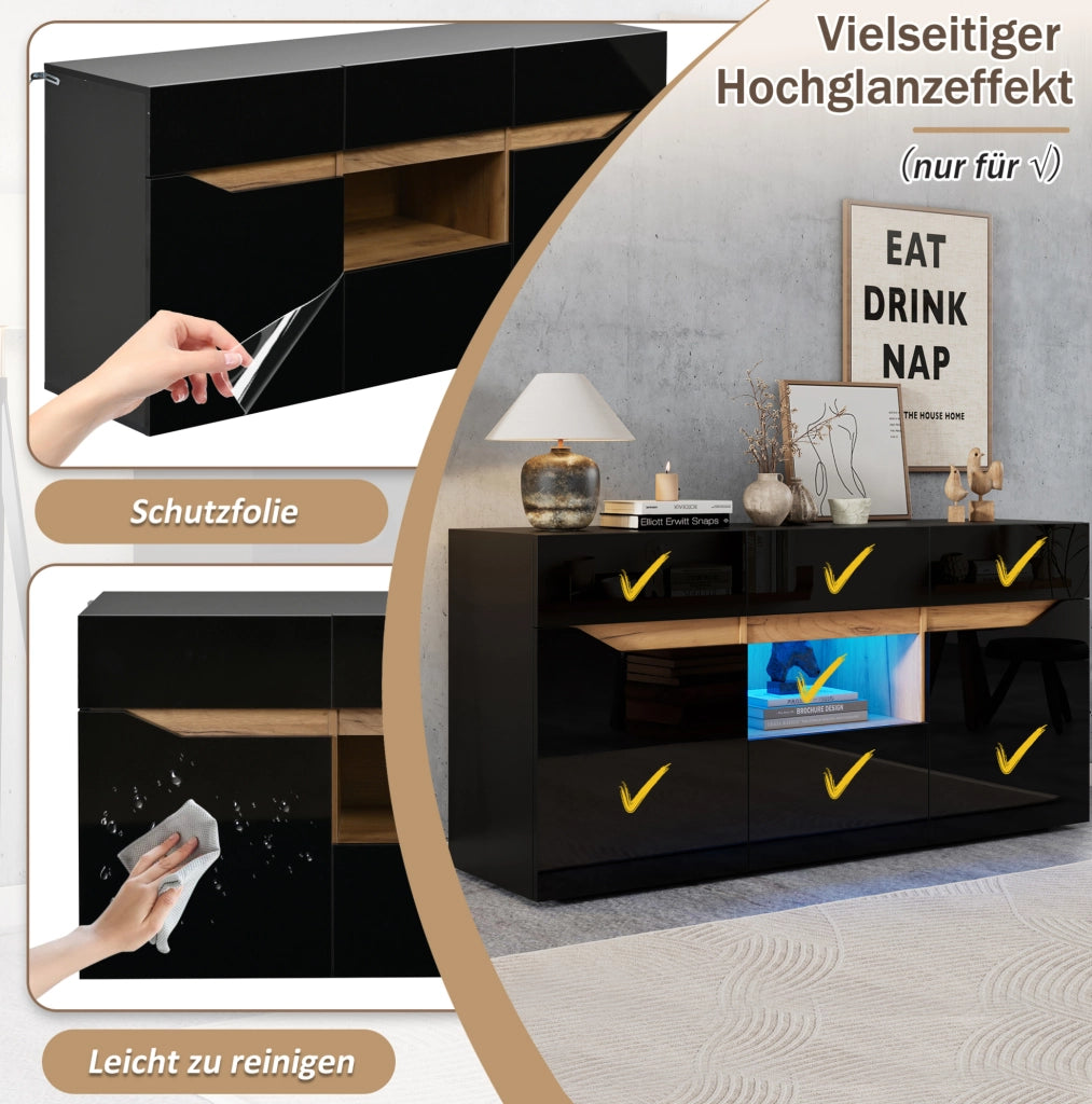 Credenza soggiorno con LED 140x40x70 cm; 4 cassetti e 2 ante in truciolare nero