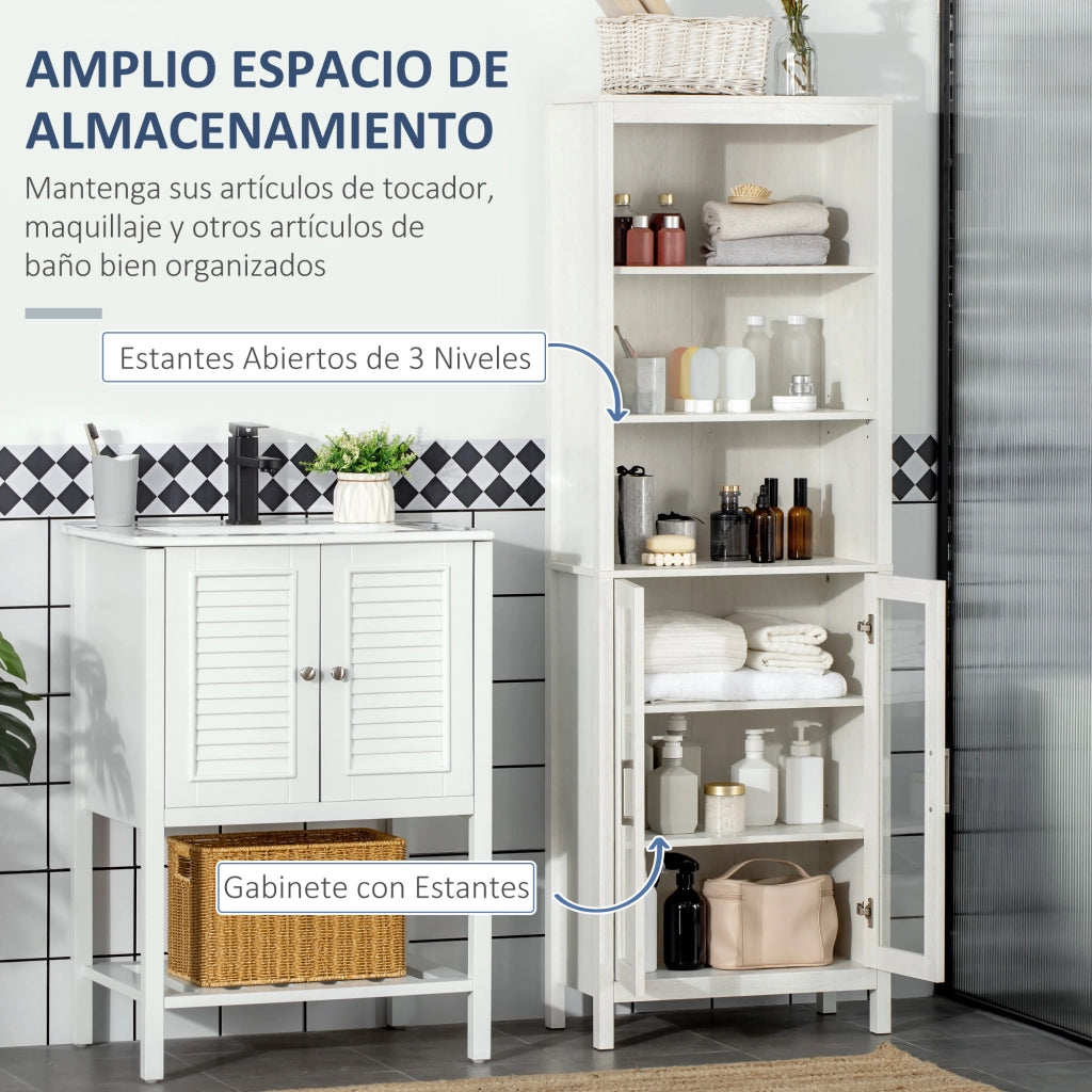 Colonna Bagno con Ante Vetro e 3 Ripiani ¨C Zephmum ¨C 53x30x162 cm Bianco