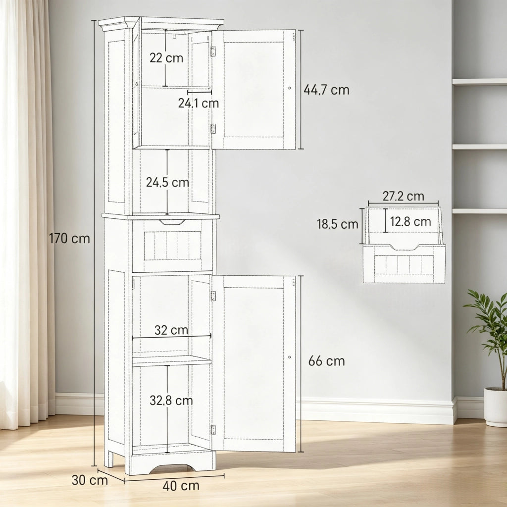 Mobile colonna bagno stretto bianco con LED, cassetto, 2 ante e ripiani aperti