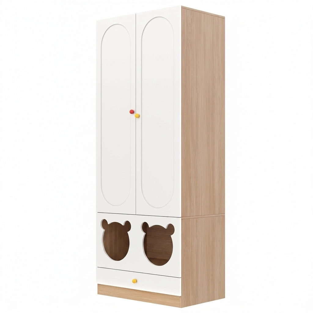 Armadio a 2 ante per bambini con barra appendiabiti e cassetti, 80 × 50 × 200 cm, bianco e effetto legno