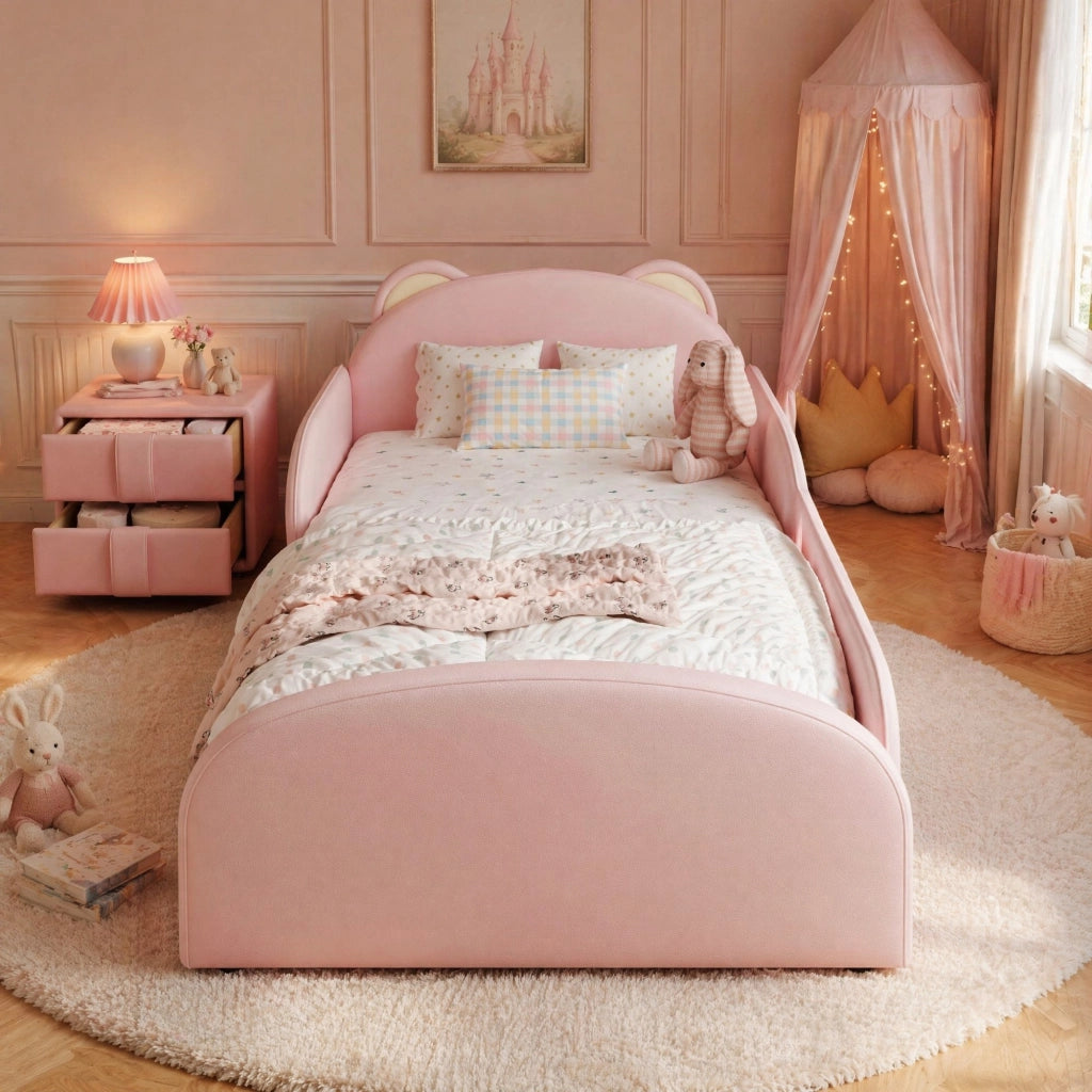 Letto singolo imbottito per bambini rosa 90x200 cm con comodino
