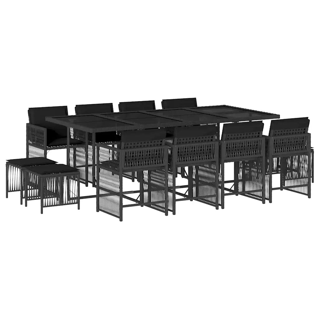 Set da Pranzo da Giardino 13pz con Cuscini Nero in Polyrattan