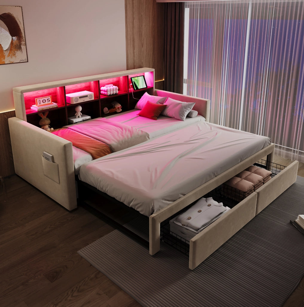 Divano letto imbottito estraibile 90x190 cm con LED; prese e cassetti; beige