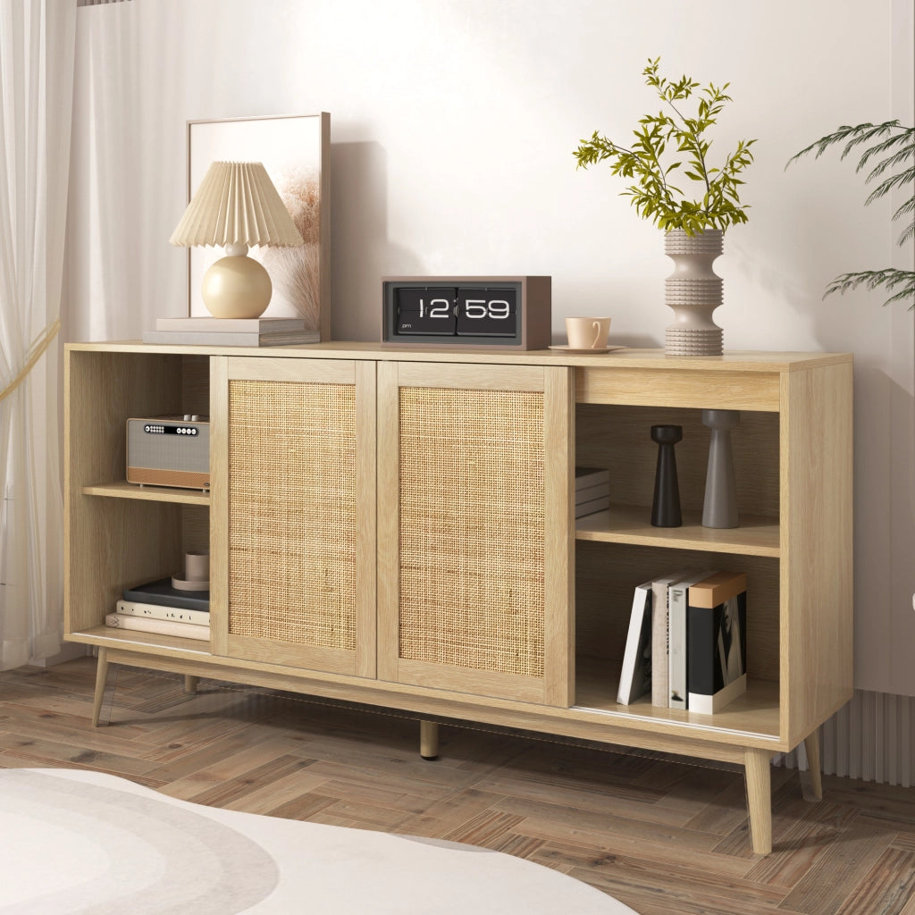 Credenza con 3 Ante Scorrevoli in Rattan; 2 Cassetti; Piedi in Legno Massello; Stile Naturale; in MDF; 155??38??80 cm; Legno