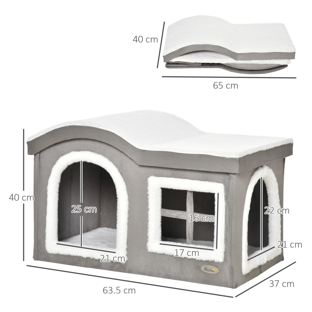 Casetta per Gatti da Interno con 2 Entrate e Finestra. Cuscino e Base Antiscivolo. 63.5x37x40cm. Grigio