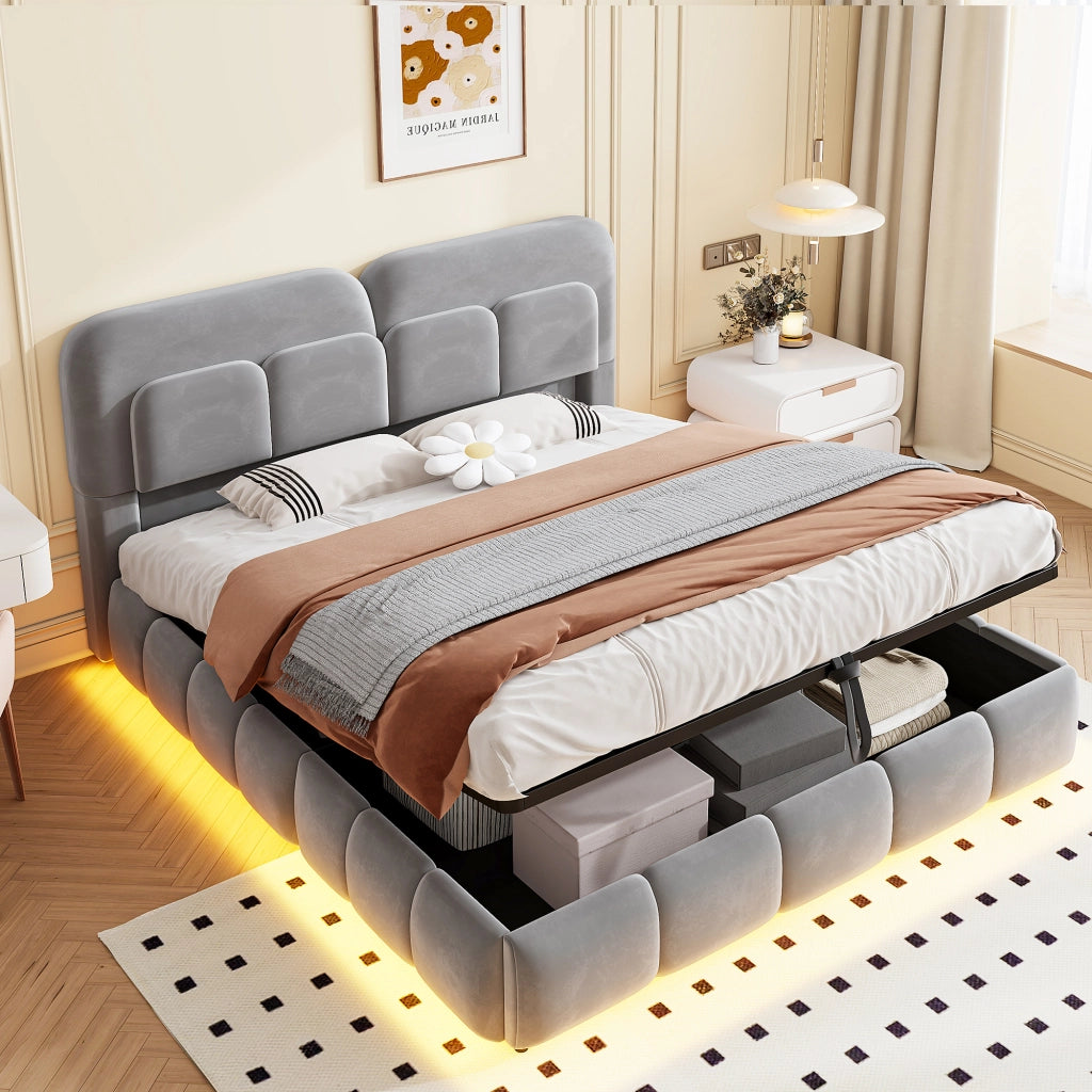 Letto imbottito 140x200 in velluto grigio con contenitore idraulico e illuminazione LED