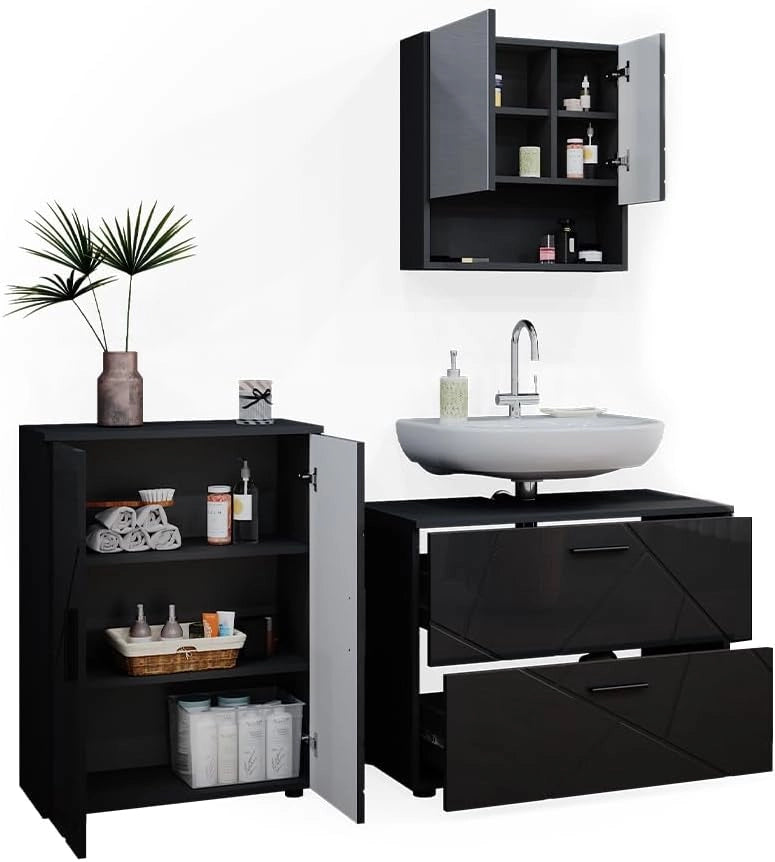 Set mobili bagno Irma, Antracite lucido, 80 cm, composto da mobile sottolavabo, specchiera e mobile medio