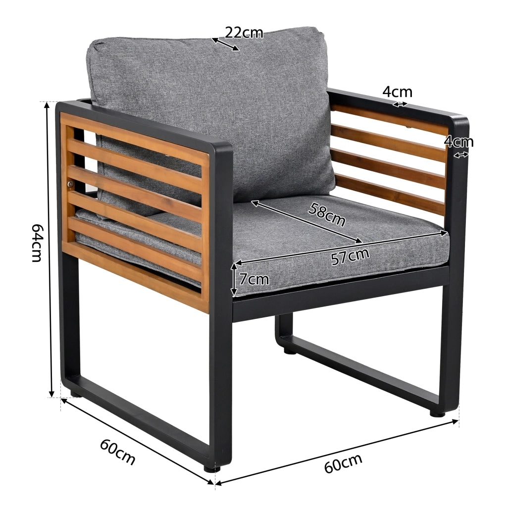 Set salotto giardino 8 pezzi: acciaio zincato; 2 Divanooi 2 posti + 4 poltrone + 2 tavolini; braccioli legno; grigio anticato
