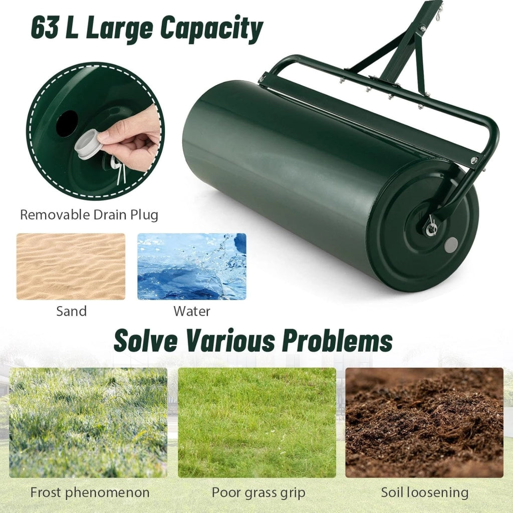 Rullo da Giardino Ø30 cm e 90 di Larghezza, Rullo da Prato in Metallo Manuale e per Trattorino, Rullo con Raschiatore Antisporco e Riempibile con Acqua/Sabbia (Verde, 63L)