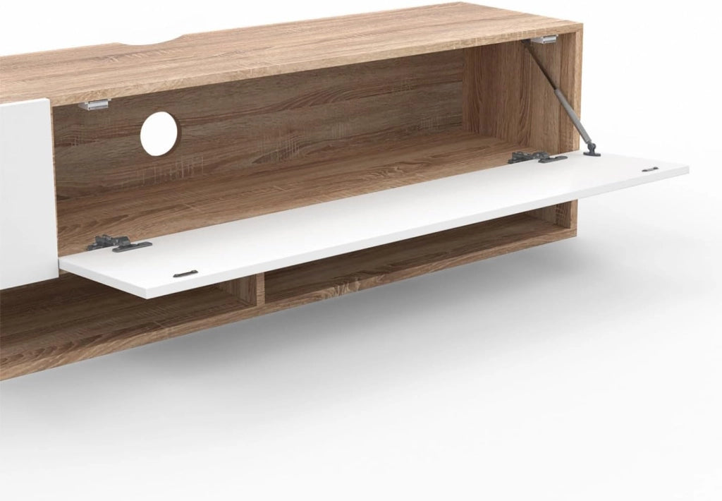 Mueble TV suspendido ELIO 2 puertas con estantes de madera y blanco 180 cm