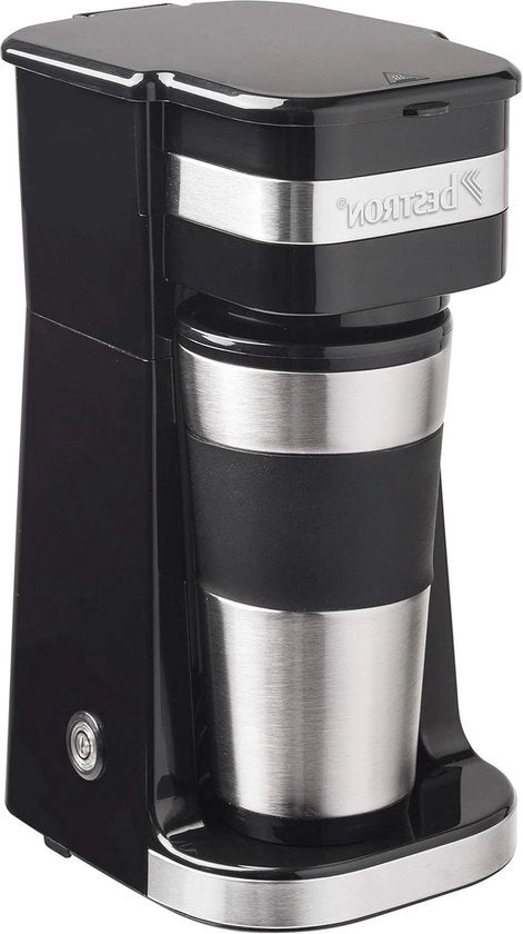 Caffettiera portatile con becher termico per caffè in grani - ideale per il campeggio - 2 grandi tazze - 750 Watt - rvs - argento/nero