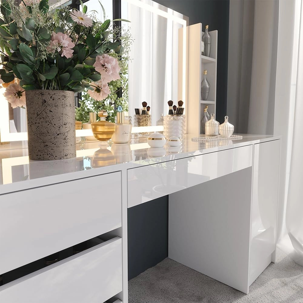 Tavolo da toeletta Sherry, Bianco/bianco lucido, 158.2 cm 4 parti