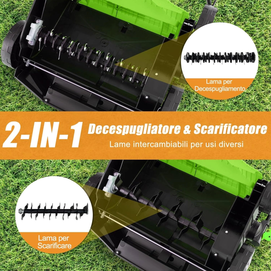 2 in 1 Scarificatore Elettrico, 40 cm, 2000W, 3500rpm, Erbicida Pieghevole con Sacca di Raccolta da 55L, Regolazione Profondità 5 Livelli, Adatto Prato 800 ㎡ (Verde)