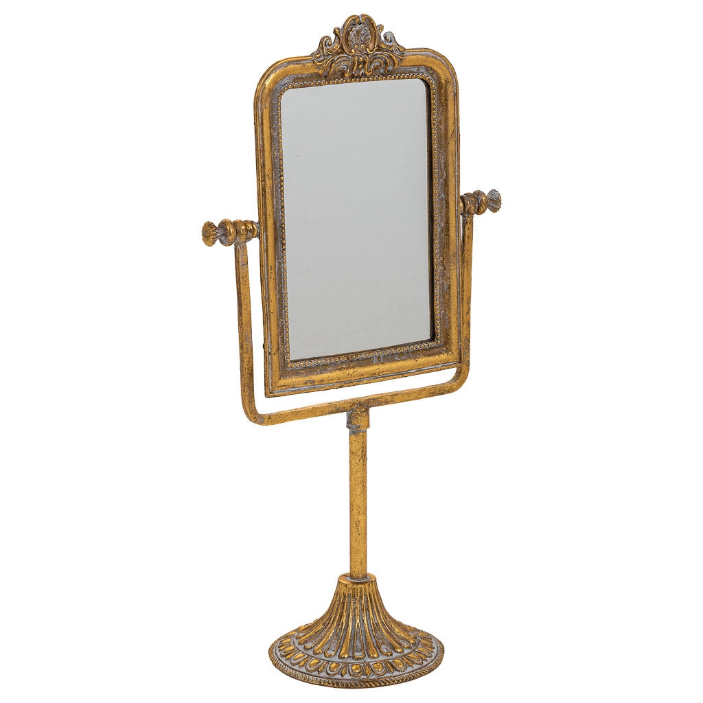 Specchio cosmetico in resina con supporto dorato 18x9,5x35h